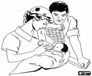 Colorear Beb� tomando su biber�n o mamadera en brazos de su madre y bajo la atenta mirada de su padre