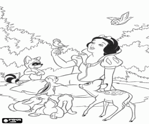 Colorear Blancanieves sentada en el suelo jugando con los animalitos del bosque