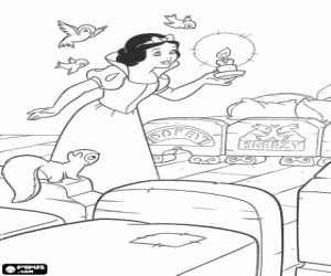 Colorear Blancanieves sorprendida al descubrir las siete peque�as camas en la casita del bosque