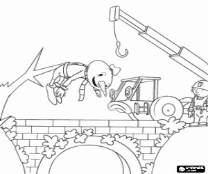 Colorear Bob con la ayuda de la gr�a Lofty desde el puente rescatando al espantap�jaros Spud que est� colgado de un �rbol