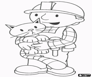 Colorear Bob el Constructor con su gato Pilchard en brazos