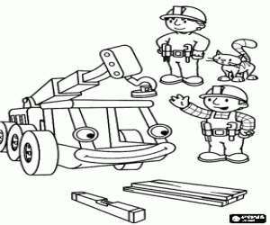 Colorear Bob el Constructor, Wendy y su gato Pilchard con la gr�a Lofty en acci�n