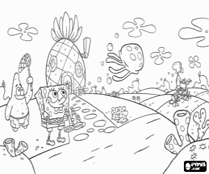 Colorear Bob Esponja con unos prism�ticos, Patricio Estrella intentando cazar medusas delante de la casa en forma de pi�a