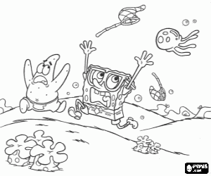 Colorear Bob Esponja y Patricio Estrella, los cazadores de medusas perseguidos por una medusa