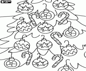 Colorear Bolas y bastones de caramelo decorando un abeto de Navidad
