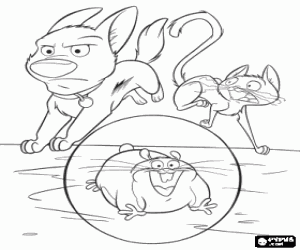 Colorear Bolt corriendo junto con Mittens y Rhino - Rayo corriendo con Guantes y Rino