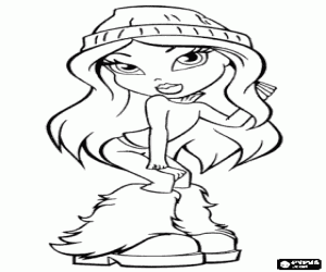 Colorear Bratz en invierno con ropa de abrigo, gorro de lana, jersey de cuello alto y botas peludas