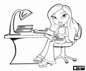 Colorear Bratz estudiando con los libros y un ordenador o computadora port�til