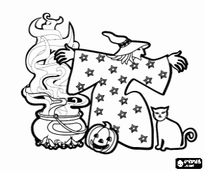 Colorear Bruja en la noche de Halloween con el caldero hirviendo, la calabaza y el gato