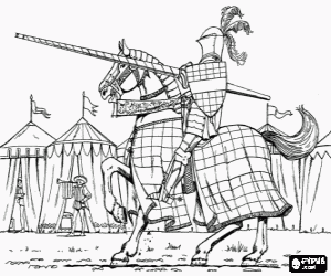 Colorear Caballero con casco y armadura y con su lanza preparada montado sobre su caballo en un campamento