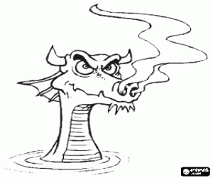 Colorear Cabeza de drag�n con cuernos saliendo del agua y humeando por la nariz