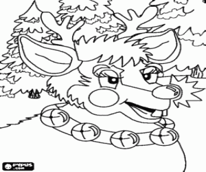 Colorear Cabeza de Rodolfo, el reno de la nariz roja, con su collar de cascabeles en el bosque