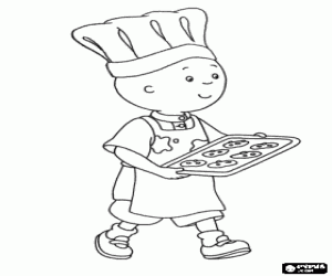 Colorear Caillou ayudando en la cocina con su gorro de chef y preparando unas galletas