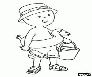 Colorear Caillou en la playa con un sombrero, un flotador, un cubo y una pala para jugar con la arena