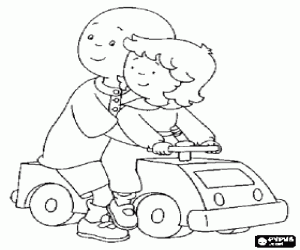 Colorear Caillou montado en un peque�o coche de juguete correpasillos junto con su hermanita Rosie