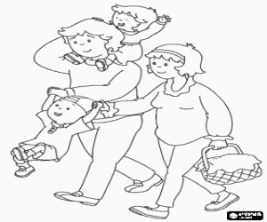 Colorear Caillou paseando con su familia, su padre Boris con su hermanita Rosie sobre los hombros y su madre Doris