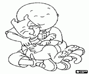 Colorear Caillou sentado en el suelo y abrazando a su gato Gilbert