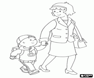 Colorear Caillou va a la escuela con su mochila y de la mano de su madre
