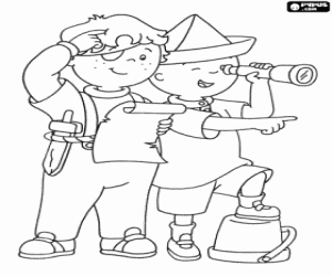 Colorear Caillou y Leo jugando a los piratas y buscando el tesoro con el mapa