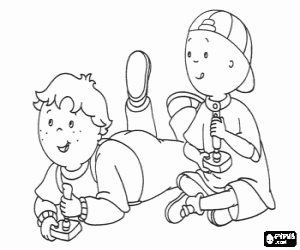 Colorear Caillou y Leo jugando con un videojuego
