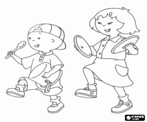 Colorear Caillou y su amiga Sara jugando a hacer m�sica con las cazuelas