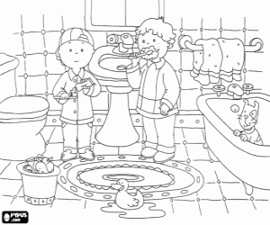 Colorear Caillou y su amigo Leo lavandose los dientes en el ba�o