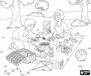 Colorear Caillou y su familia haciendo un pic-nic en el campo 