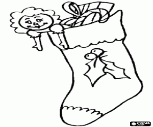 Colorear Calcet�n de Navidad adornado con unas hojas de acebo y lleno de regalitos