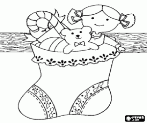 Colorear Calcet�n navide�o colgado con mu�eca y osito de peluche