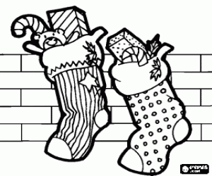 Colorear Calcetines de Navidad colgados y llenos de obsequios