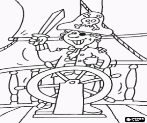 Colorear Capit�n pirata al tim�n de su barco con el sombrero, el ojo tapado y la espada en mano