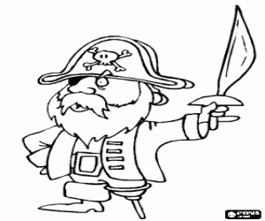 Colorear Capit�n pirata con la pata de palo y el ojo tapado con el machete en alto