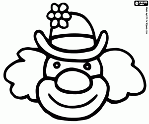 Colorear Cara de payaso con peluca, sombrero con una flor y grandes nariz y boca