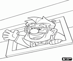 Colorear Carl Fredricksen saludando con la mano desde la ventana de su casa voladora
