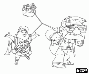 Colorear Carl y Russell cargando a pi� con la casa volante en su viaje hacia los territorios salvajes