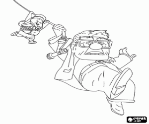 Colorear Carl y Russell volando por el cielo agarrados al cable que cuelga de la casa voladora