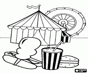 Colorear Carpa de un circo con una noria de la feria al fondo y con comida y bebida en primer plano