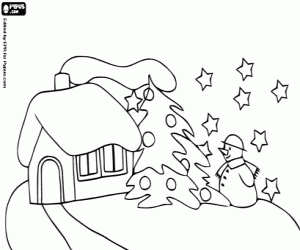 Colorear Casa con la chimenea humeando con un �rbol de Navidad y un mu�eco de nieve bajo las estrellas
