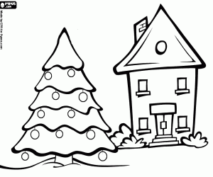 Colorear Casa con un gran �rbol de Navidad adornado en el jard�n