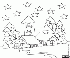 Colorear Casas en el bosque nevado bajo las estrellas de la noche de Navidad