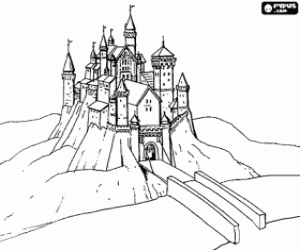 Colorear Castillo con puente sobre el r�o y puente levadizo de acceso abierto