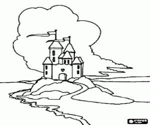 Colorear Castillo en una colina con las banderas ondeando en las torres m�s altas