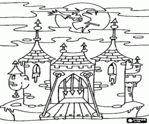 Colorear Castillo encantado en la noche de Halloween con la bruja volando en su escoba m�gica