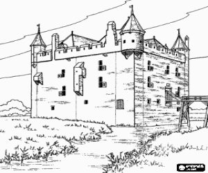 Colorear Castillo o torre fortificada rodeada por un rio y con el acceso por un puente levadizo
