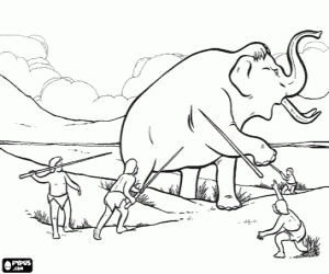 Colorear Cazadores acorralando a un gran mamut para cazarlo con sus lanzas
