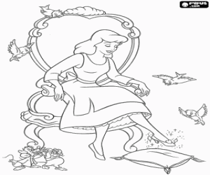 Colorear Cenicienta prob�ndose el zapatito de cristal perdido en el palacio al salir corriendo justo antes de medianoche