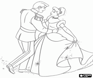 Colorear Cenicienta y el Pr�ncipe bailando enamorados en la gran fiesta de palacio