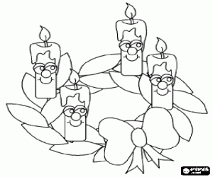 Colorear Centro de mesa en forma de corona con cuatro sonrientes velas encendidas y con un lazo