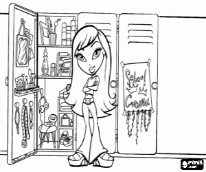 Colorear Chica Bratz delante de su taquilla del instituto con todos sus objetos personales 