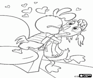 Colorear Chicken Little besando apasionadamente a su amiga Abby Patosa en el cine